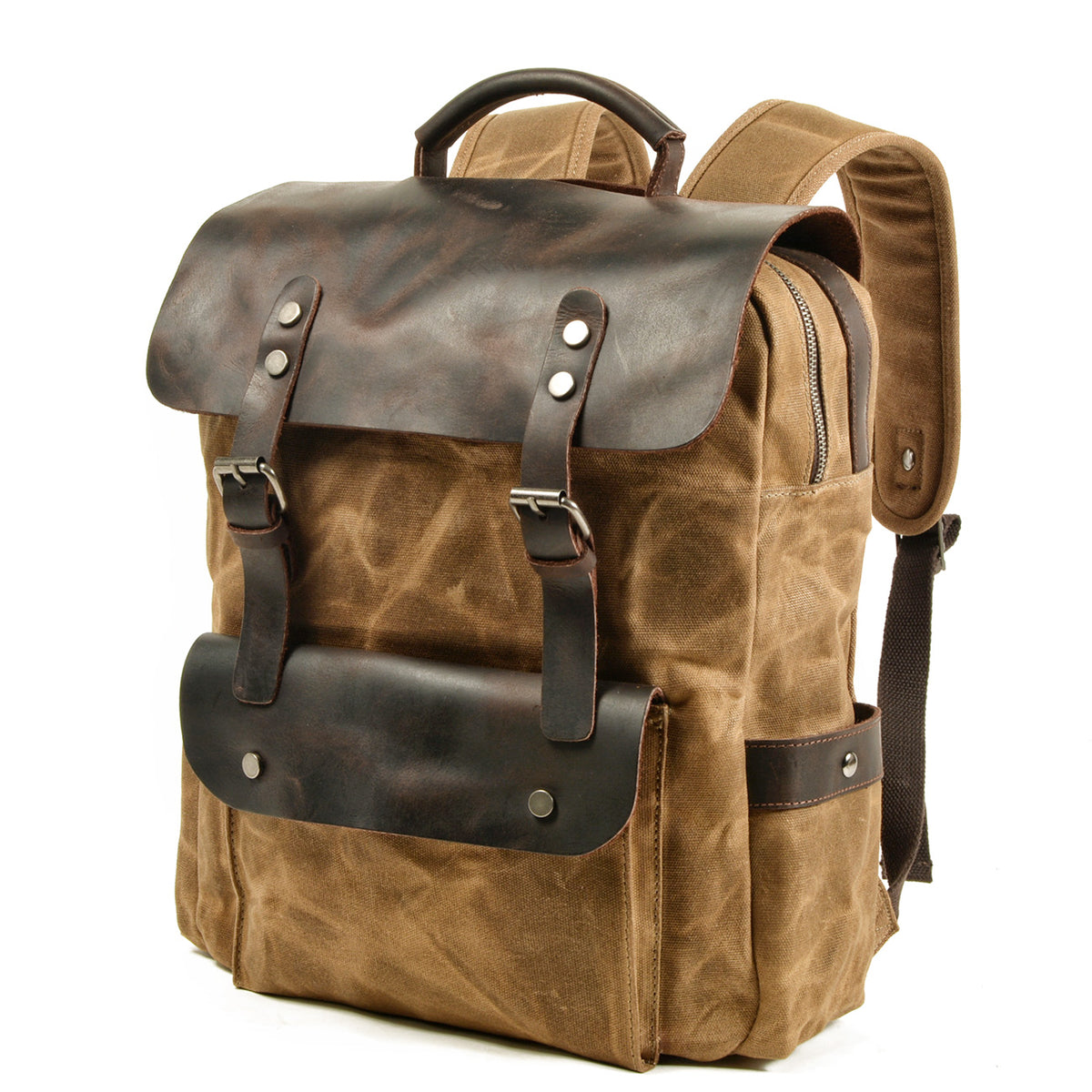Three-quarter view of the khaki backpack with its leather front pocket