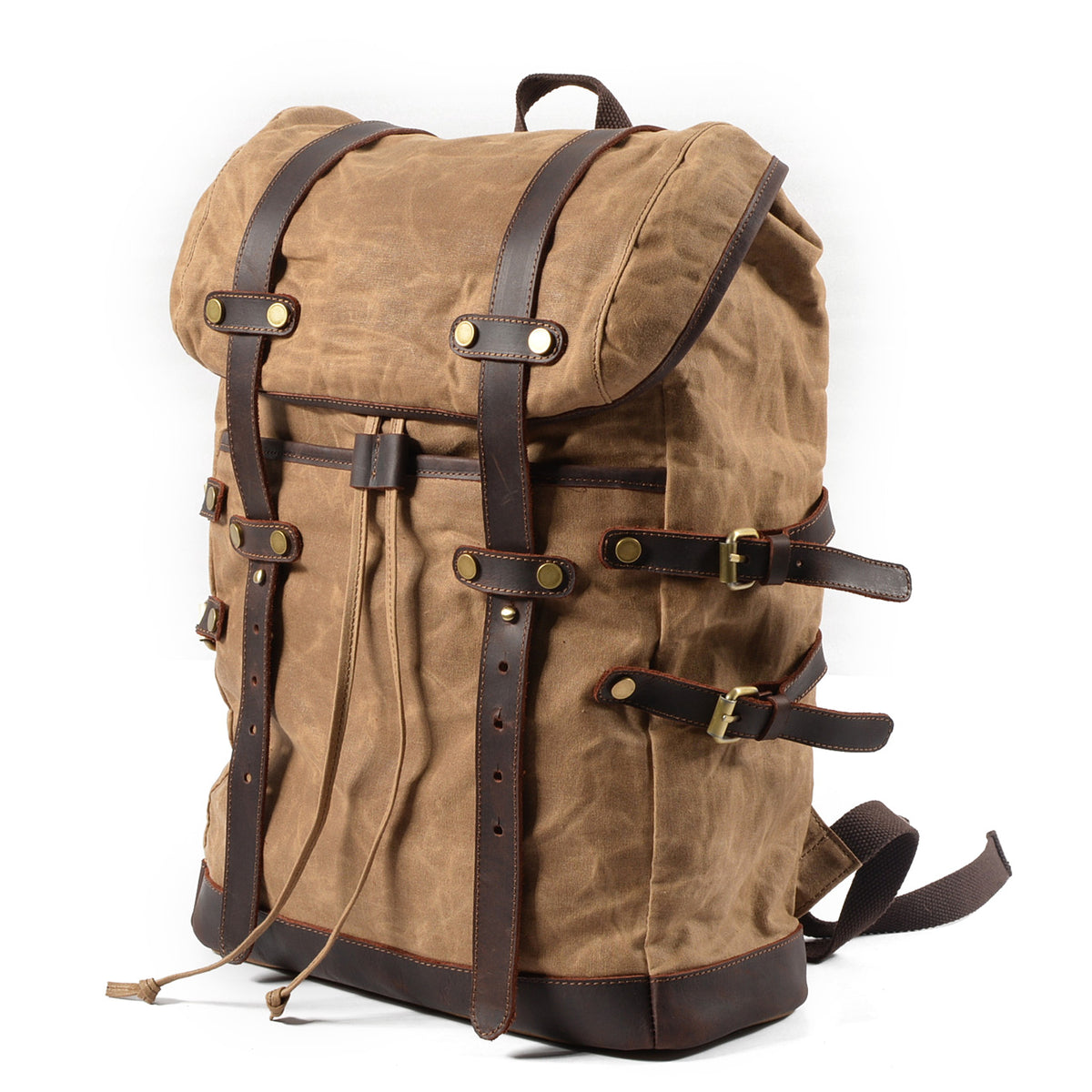 Three-quarter view of the khaki rucksack and its side buckles