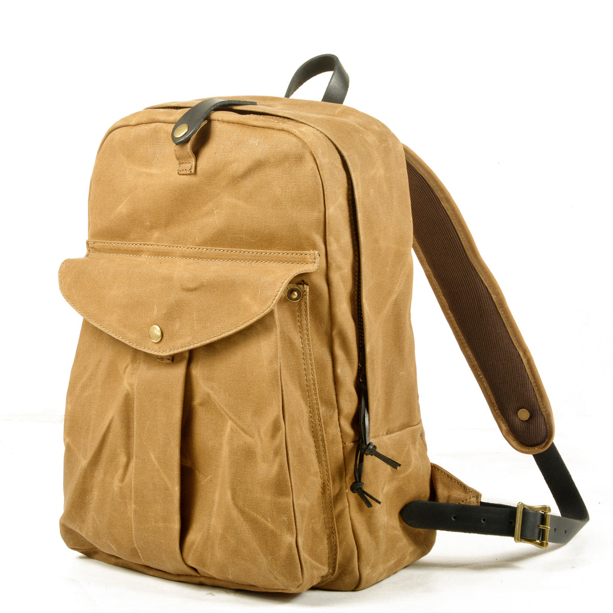 Three-quarter view of the Khaki backpack with its flap pocket and side zipper.