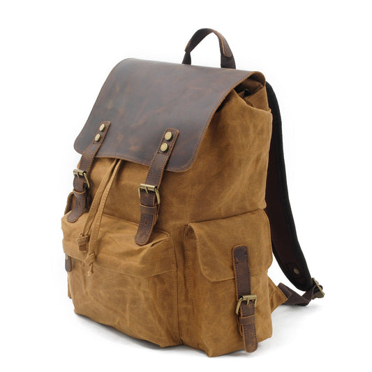 Three-quarter view of the Khaki backpack showing its drawstring and side pockets.