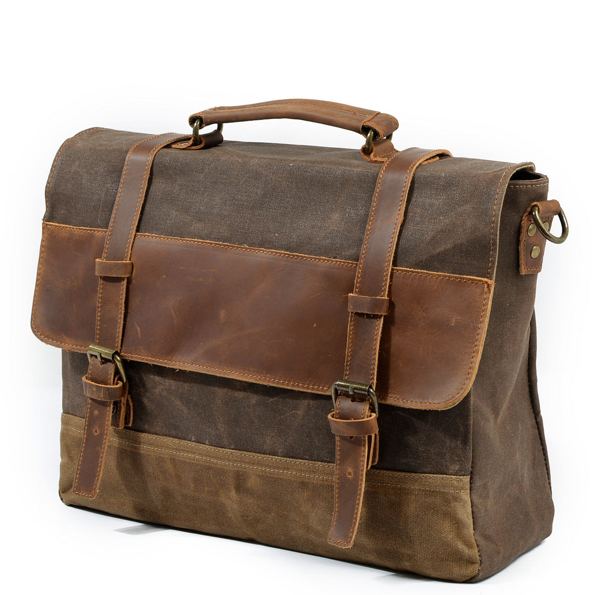 Three-quarter view of the waxed canvas messenger bag showing its leather flap and brass buckles