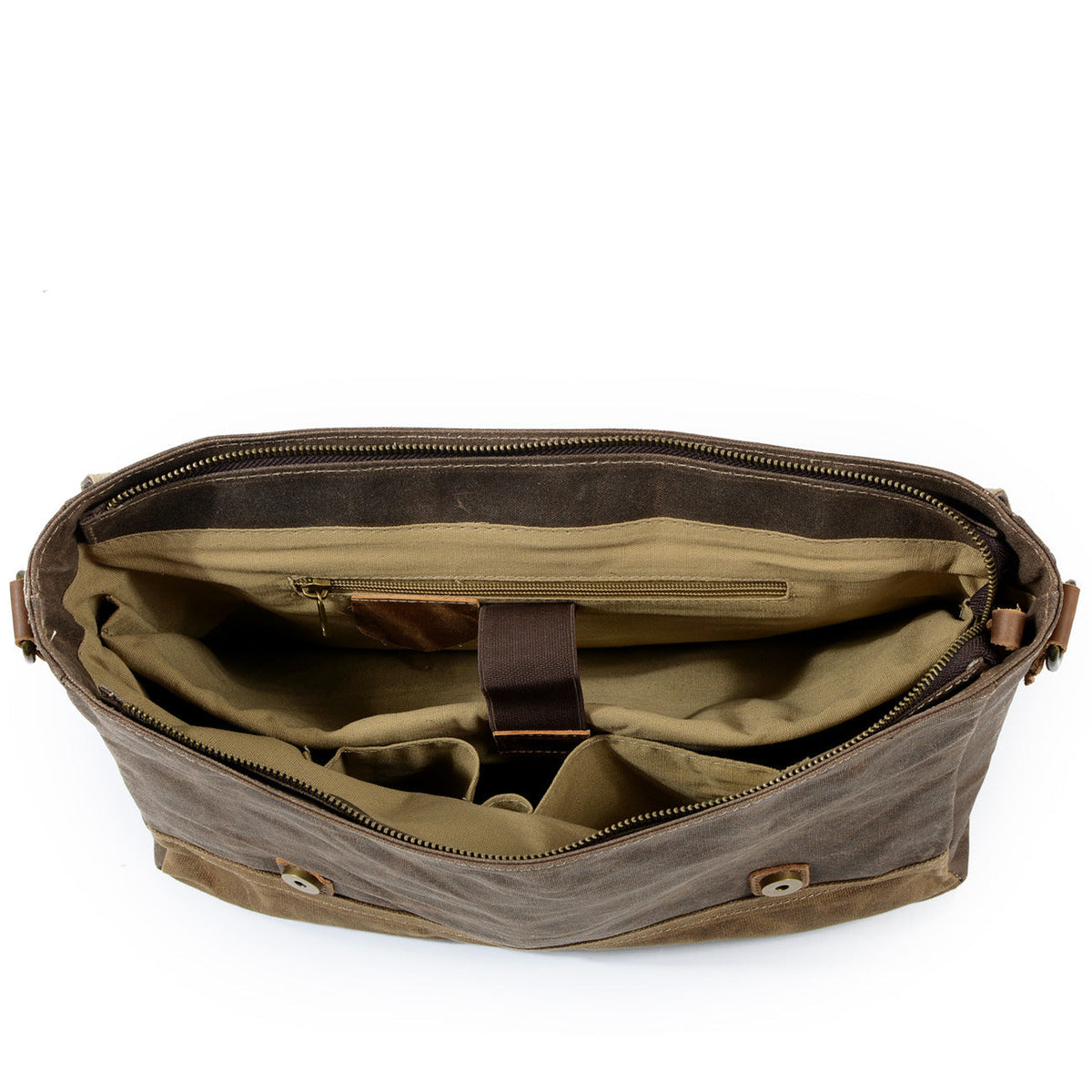 Top view of the open bag showing its padded sleeve, lining and interior pockets
