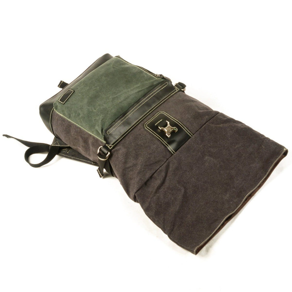 Waxed canvas backpack laid flat with its roll top unrolled and front pocket facing up